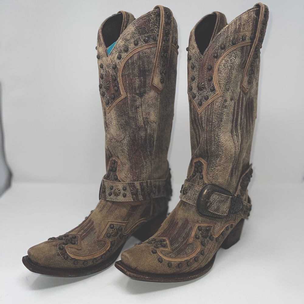 NIB Lane Harness Grey/Tan Cowboy Western Boots Size 8